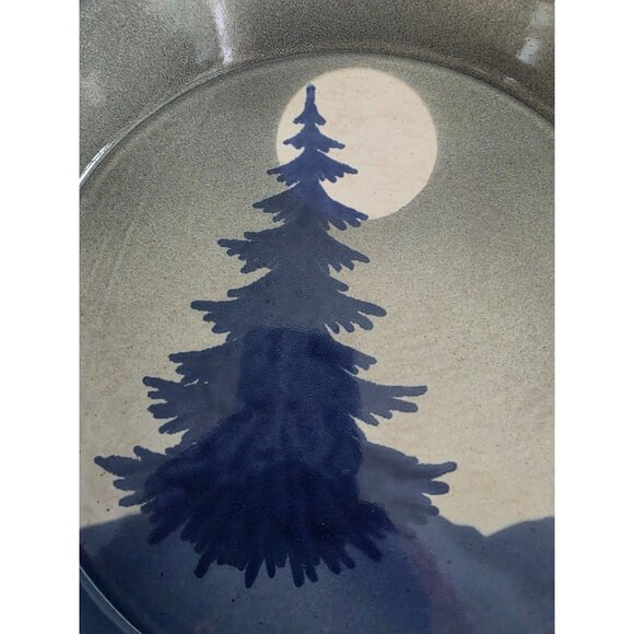 Handcrafted Stoneware Blue White Pie Dish Serving Bowl Tree & Moon Design - Picture 3 of 5